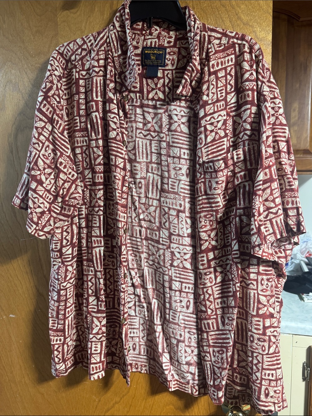 Woolrich Men's Short Sleeve Open-Front Jacket - Red & White Pattern